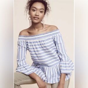 Anthropologie Maeve Blue and White Striped Off Shoulder Peplum Bell Sleeve Top